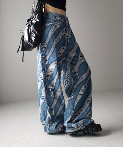 【 ２color ／ ４size 】バイカラーカットフリンジダメージワイドデニム ／ bicolor cut fringe damaged wide denim