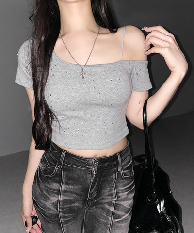 ラインストーンワンショルダーショートTシャツ ／ Rhine stone one shoulder short T-shirts