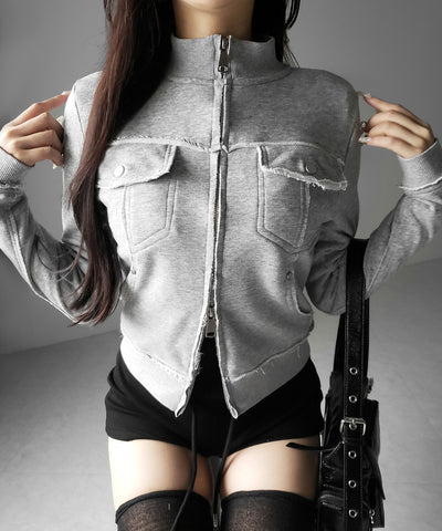 ダブルジップアウトポケット裏毛スリムジャケット ／ Double-zip outer pocket sweat slim jacket