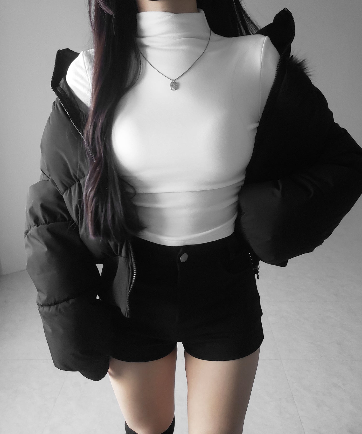 【 カップ付き ／ 裏起毛 】プチハイネックシャーリングショートカットソートップス