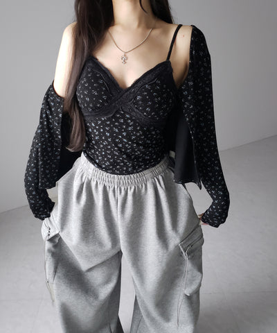 【 ２点セット 】小花柄レースキャミソール ＋ カーディガン SET ／ （ 2piece SET ）Floral lace camisole + cardigan SET