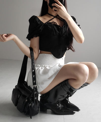 【 ２color ／ ２WAY 】フロントリボンクロスネック半袖シフォンブラウス ／ front ribbon cross neck short sleeve chiffon blouse