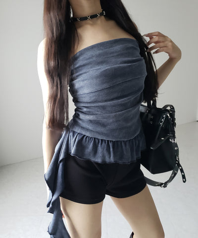 【 ２color 】ヴィンテージピグメントフリルベアトップス ／ vintage pigment frill bare tops