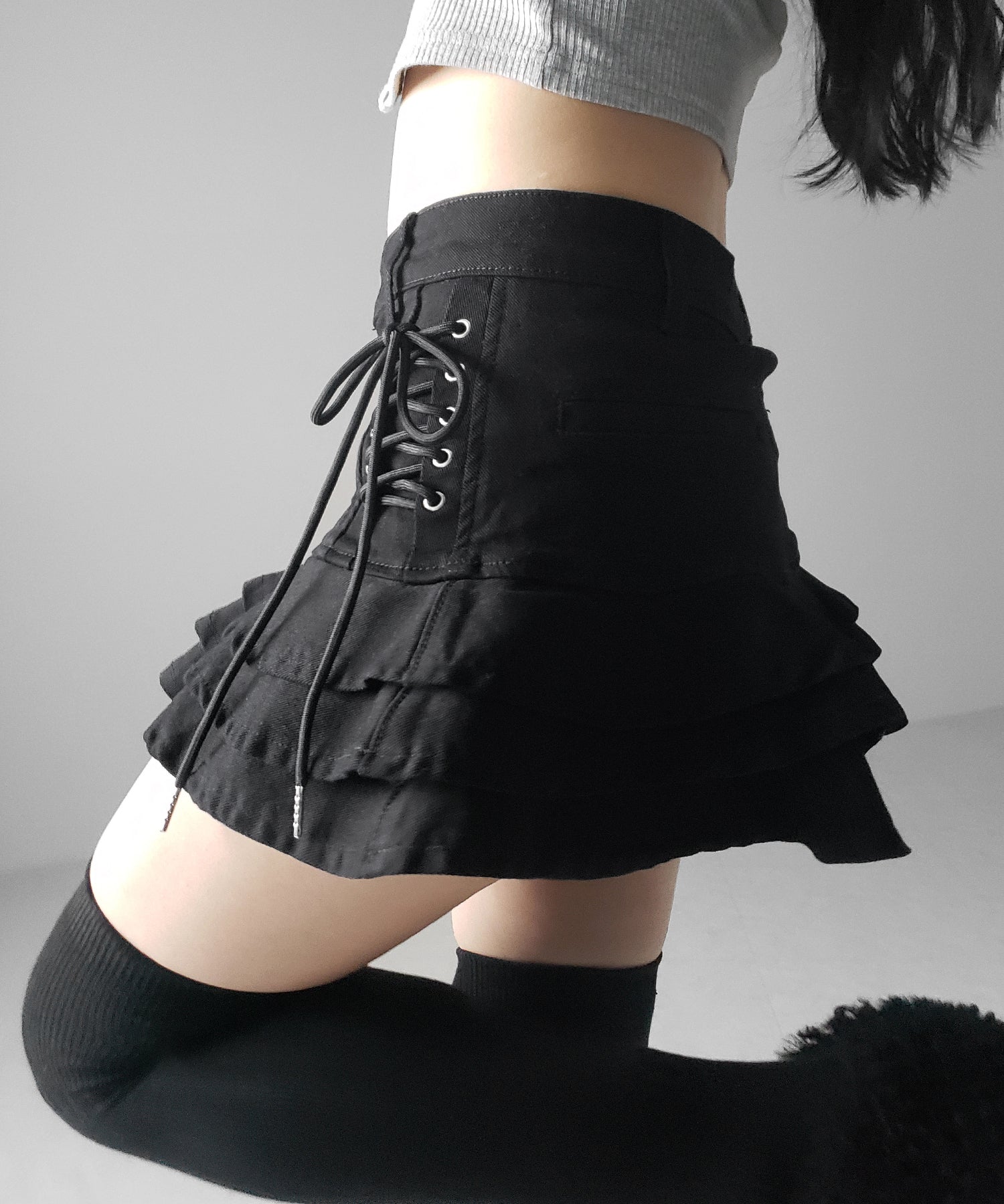 【 インパン裏地付 】レースアップブラックフリルミニスカート ／ laceup black frill mini skirt