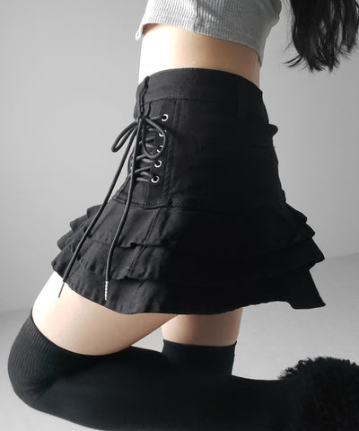 【 インパン裏地付 】レースアップブラックフリルミニスカート ／ laceup black frill mini skirt