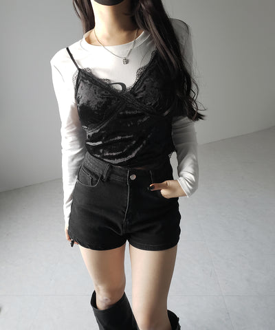 【 カップ付き 】レーシーベロアショートビスチェキャミソール ／ velor lacy short bustier camisole