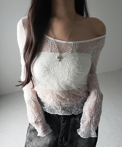 【 ２color ／２WAY 】ワンショルルーズシアーレーストップス ／ one shoulder loose sheer lace tops