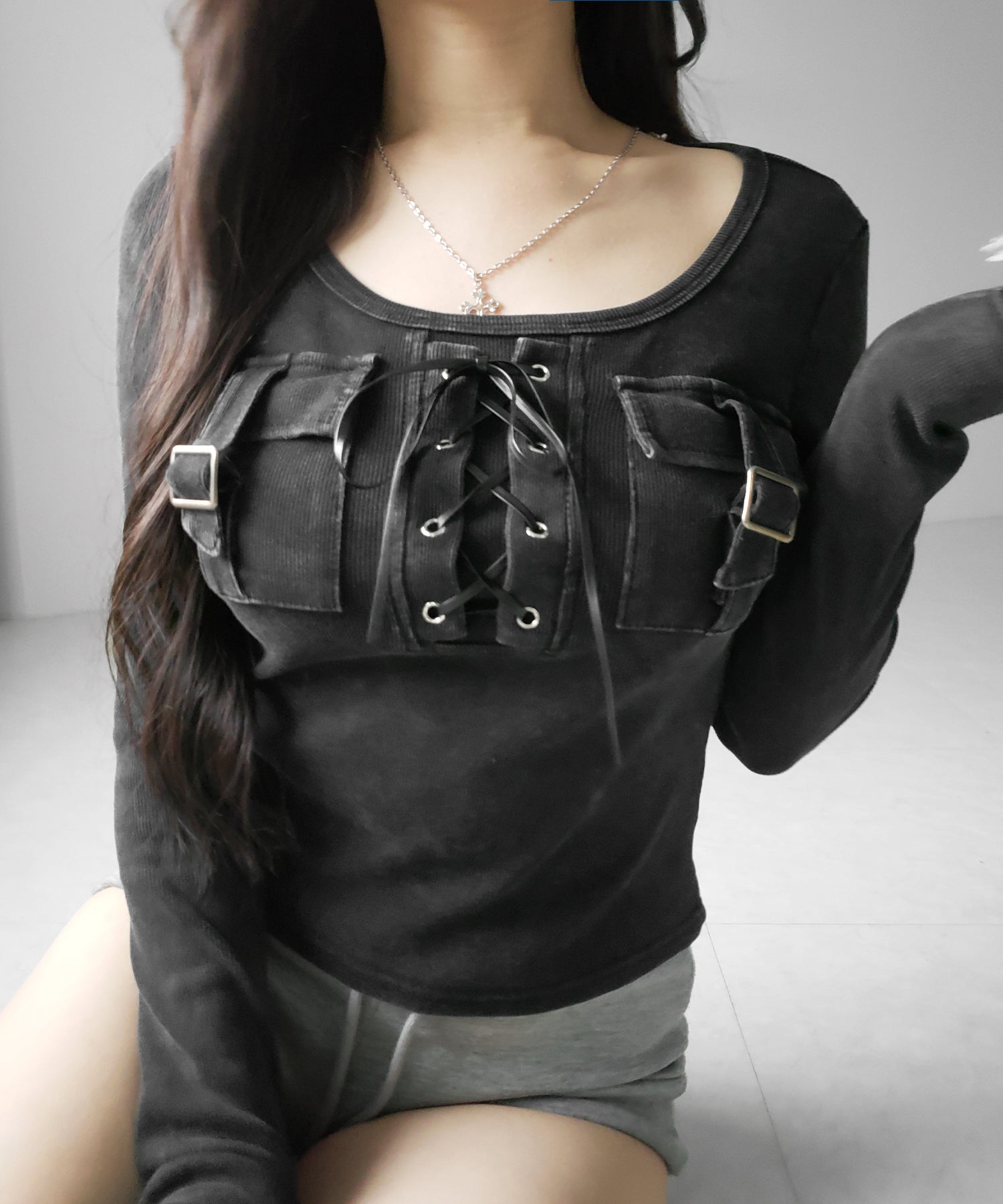 ヴィンテージレースアップアウトポケットスクエアリブロンT ／ vintage laceup outpocket square lib long slleve T-shirts