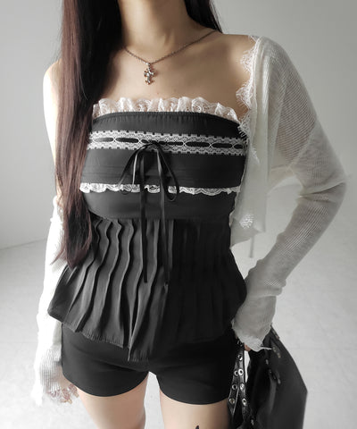 【 ２color 】フロントリボンレースフレアベアトップ ／ front ribbon lace flare bare top