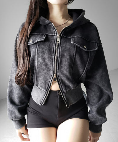 ピグメントダブルジップショートパーカー ／ pigment double zip short hoodie