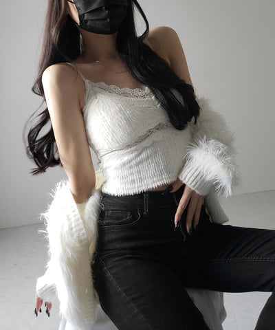 【 カップ付き 】ダブルレースシャギーファーショートビスチェキャミソール ／ double lace shaggy fur short bustier camisole