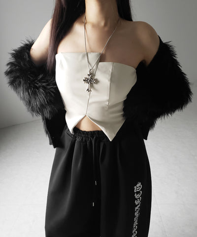 【 ２color 】アシンメトリー切替フェイクレザービスチェ ／ asymmetry switching fake leather bustier