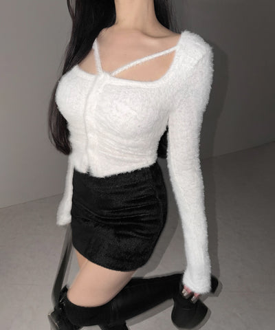 クロスストラップスクエアショートシャギーカーディガン ／ cross strap square short shaggy cardigan