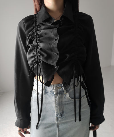 【 ３color 】ダブルリボンシャーリングショートシアーシャツ ／ double shirring ribbon short sheer shirts