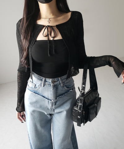 【 ２color 】フロントリボンシアーニットショートカーディガン ／ front ribbon sheer knit short cardigan