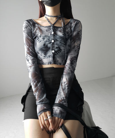 【 ３color ／ ２WAY 】クロスストラップリボンシアーショートカーディガン ／ cross strap ribbon sheer short cardigan