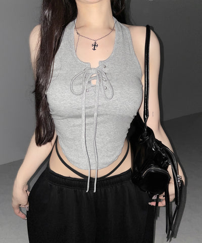 【 クロスにできる２WAY 】レースアップホルターネックタンク ／ laceup halter neck tank