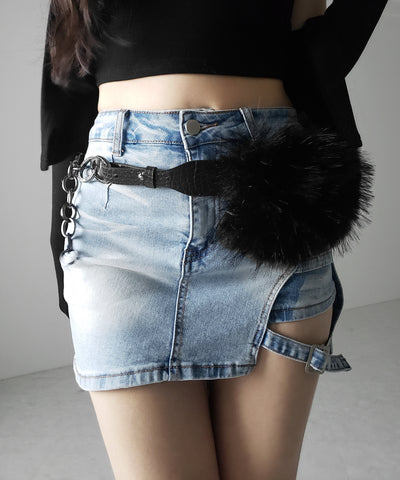 【 インパン裏地付 】カットアウトベルトストラップデニムミニスカパン ／ cutout belt strap denim mini skirt pants