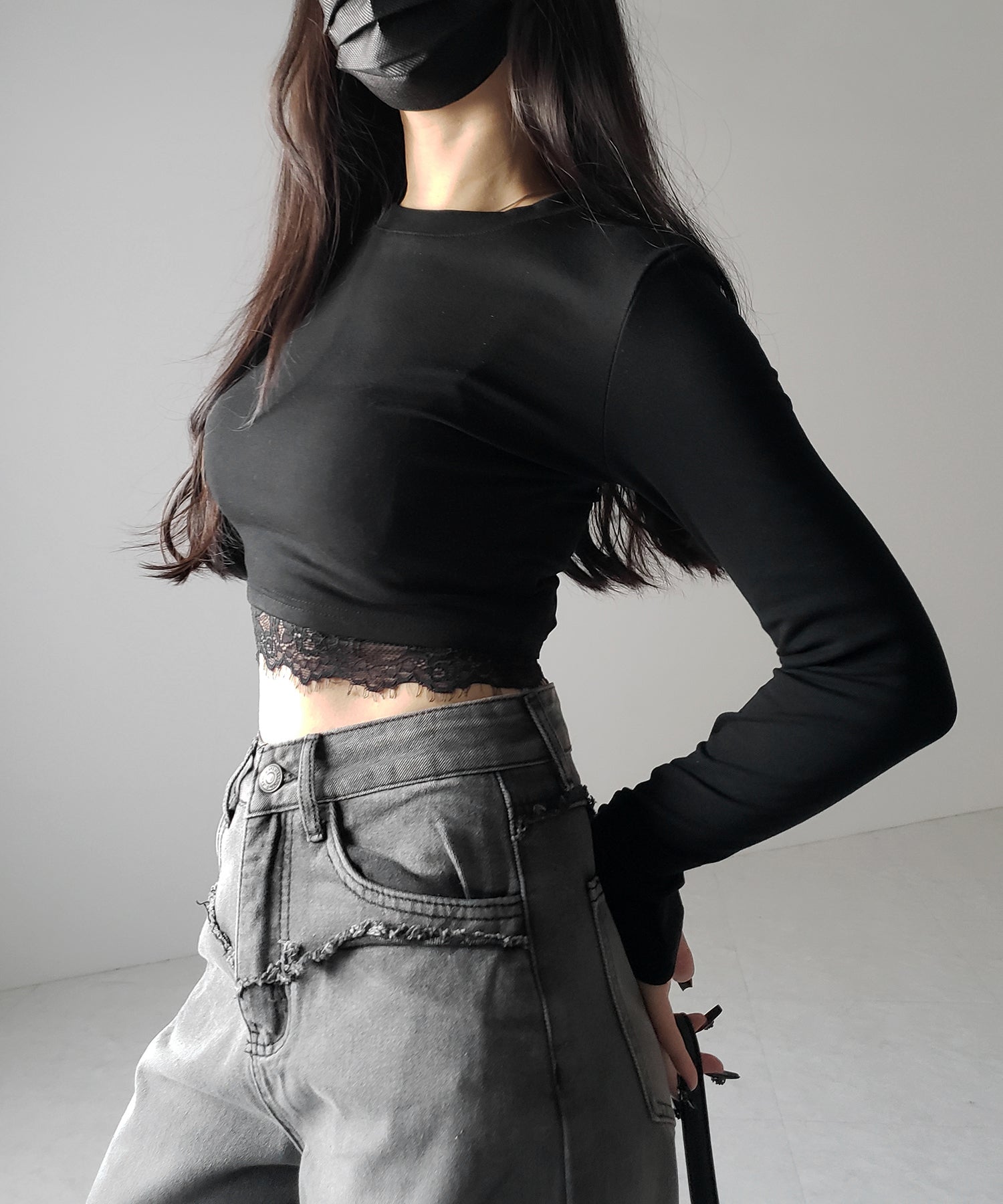 【 裏起毛 】裾レースドッキングショートＴシャツ ／ hem lace docking short Tee