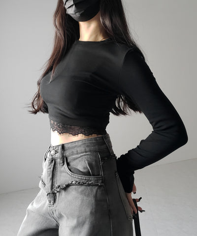 【 裏起毛 】裾レースドッキングショートＴシャツ ／ hem lace docking short Tee