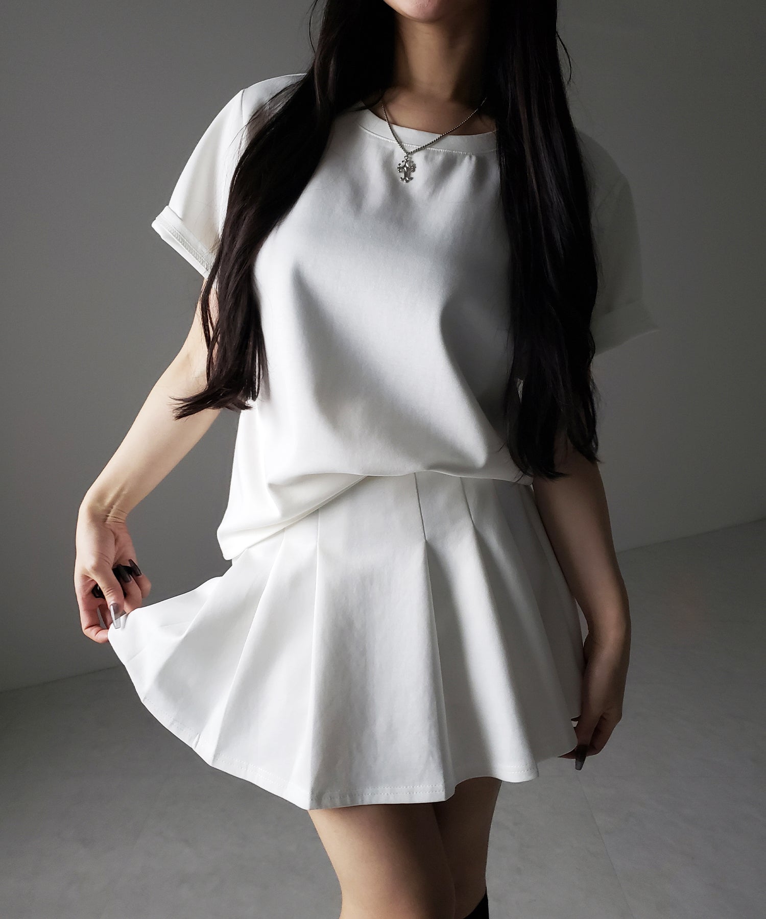 【 セットアップ 】オーバーサイズ半袖Ｔシャツ＋プリーツミニスカート SET ／( SETUP ) oversize shortsleeve Tee + pleated mini skirt SET
