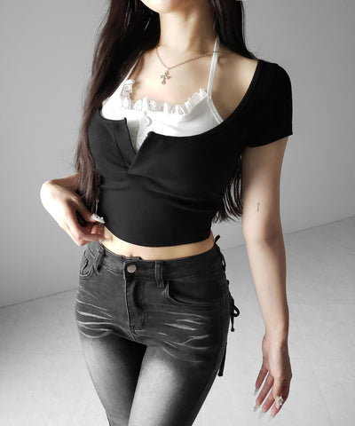 レースレイヤードドッキングスクエアネックＴシャツ ／ Lace layered docking square neck T-shirt