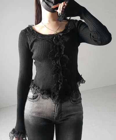 【 ３color 】レースフリルドッキングリブニットカーディガン ／ lace frill docking rib knit cardigan
