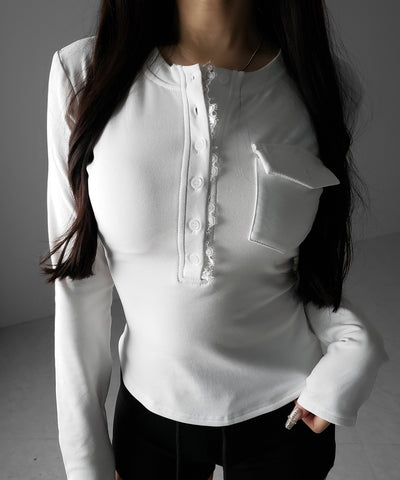 【 裏起毛 】レースドッキングヘンリーネックトップス ／ lace docking henley neck tops