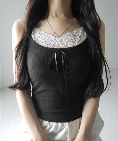 【 ３color ／ カップ付き 】フロントリボンレースドッキングキャミソール ／front ribbon lace docking camisole