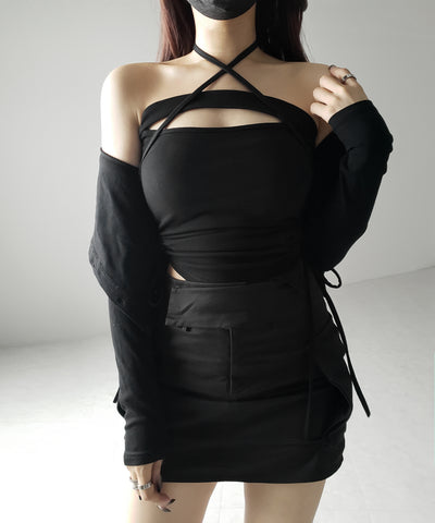【 カップ付き ／ ２WAY 】クロスストラップリボンカットアウトショートキャミソール ／ cross strap ribbon cutout short camisole