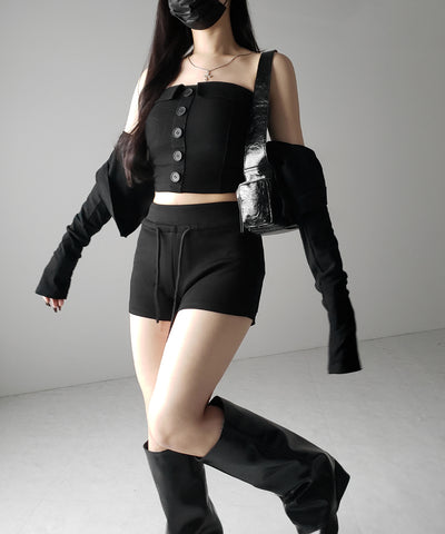 【 2点セット 】フロントボタンベアトップ ＋ クロップドカットソーカーディガン SET ／ front button bare top + cropped cutsaw cardigan SET