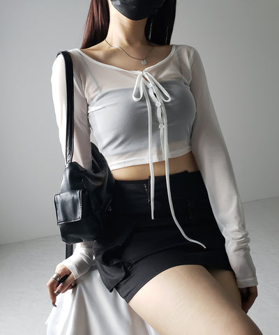 【 ３color ／ ２WAY 】クロスストラップリボンシアーショートカーディガン ／ cross strap ribbon sheer short cardigan