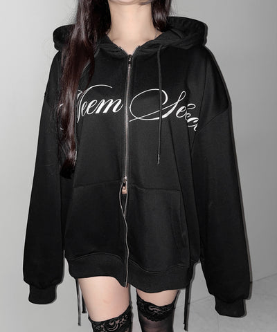 【 セットアップ可能 】レタリングロゴプリントダブルジップビッグパーカー ／ lettering logo print double zip BIG hoodie