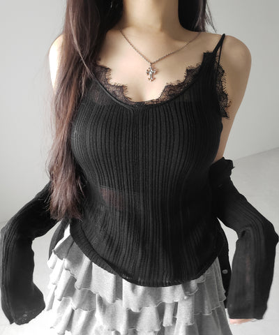 【 ２点セット 】レースニットキャミソール ＋ シアーニットカーディガン SET ／ lace knit camisole + sheer knit cardigan SET