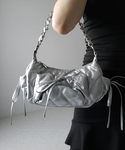 【 ３color ／２WAY 】ストラップリボンキルティングチェーンショルダーバッグ ／ strap ribbon quilted chain shoulder bag