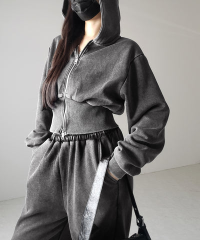 【 セットアップ 】ピグメントヴィンテージショートパーカー ＋ ワイドパンツ SET ／ pigment vintage short hoodie + wide pants SET