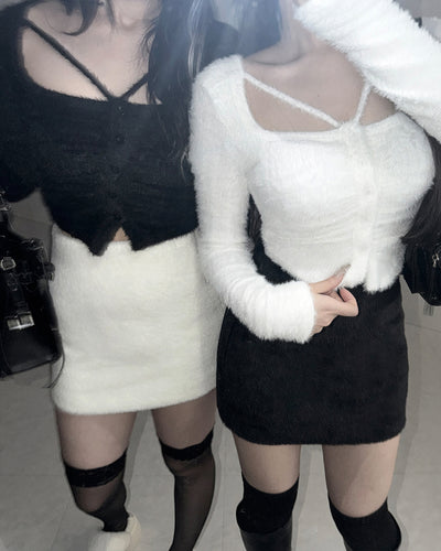 クロスストラップスクエアショートシャギーカーディガン ／ cross strap square short shaggy cardigan