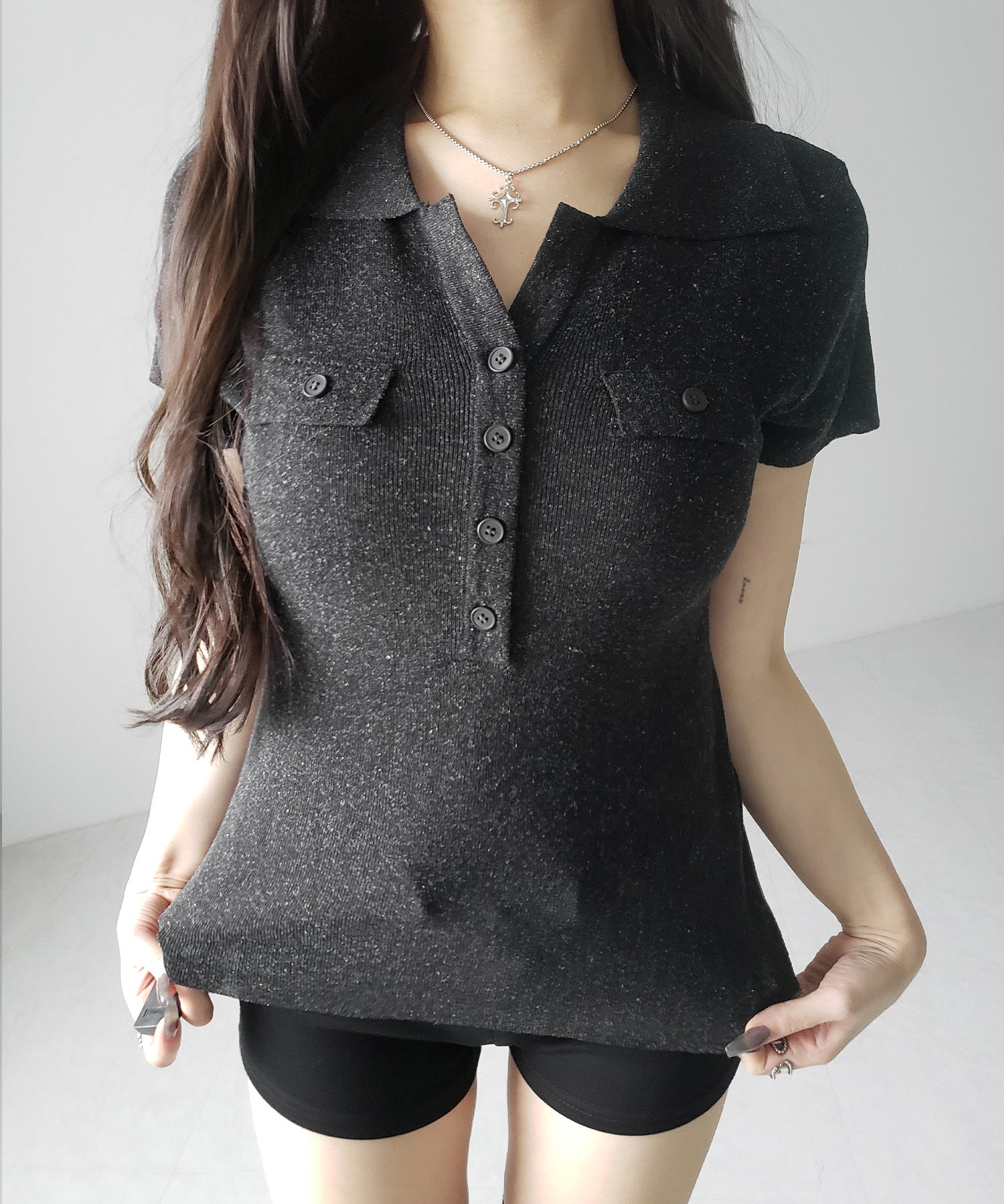 スキッパーボタンロングシアーニットトップス ／ skipper button long sheer knit tops