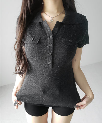 スキッパーボタンロングシアーニットトップス ／ skipper button long sheer knit tops