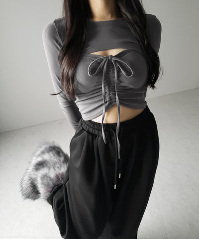 【 ２点セット 】フロントリボンベアトップス ＆ ショートレイヤードトップス SET ／ front ribbon bare tops & short layered tops SET