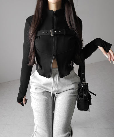スタンドカラーベルテッドダブルジップスリムトップス ／ stand collar belted double zip slim tops