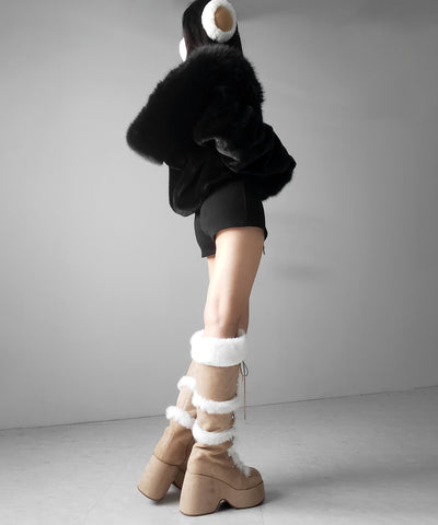 厚底レースアップムートンロングブーツ ／ platform laceup mouton long boots