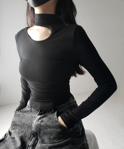 【 ２color 】カットアウトアシメチョーカーカットソートップス ／cutout asymmetry choker cutsew tops