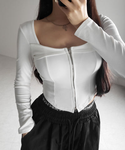 【 ２color 】ダブルジップコルセットスクエアネックロンＴ ／ double zip corset square neck longsleeve T-Shirt