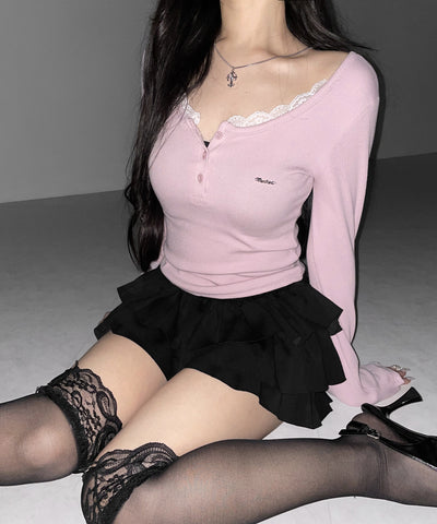 ヘンリーネックロゴプレートレースリブトップス ／　henley neck logo plate lace ribbed tops
