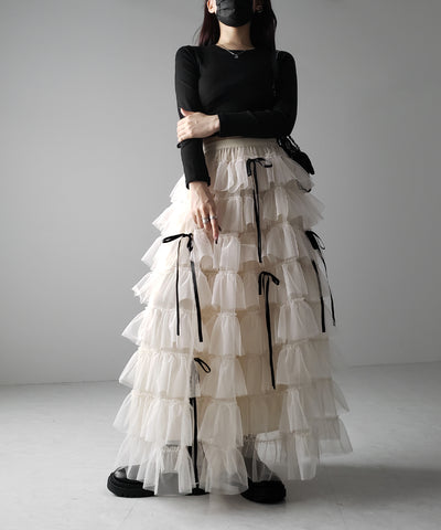 【 ４color 】ストラップリボンバレエコアチュールスカート ／strap ribbon ballet core tulle skirt