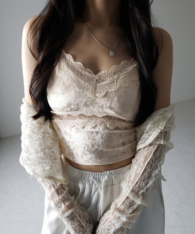 【 カップ付き 】ダブルレースベロアショートビスチェキャミソール ／ double lace velor short bustier camisole