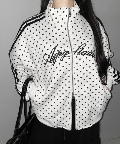 レタリングロゴ刺繍ドットラインオーバースウェットブルゾン ／ lettering logo embroidery dot line over sweat blouson