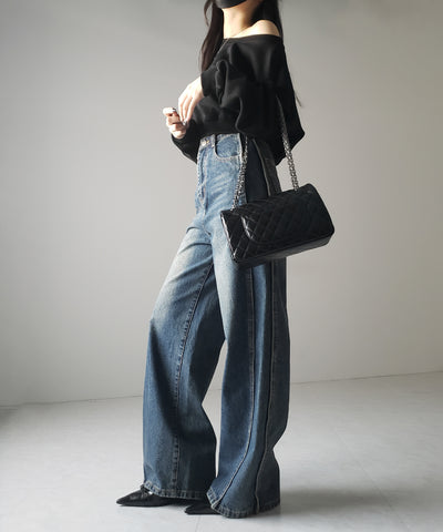 【 ３color ／ ４size 】サイドタック切替ハイウエストストレートデニム ／side tack kirikae highwaist straight denim