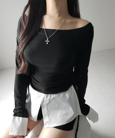 【 ２color ／ ２WAY 】シャツドッキングサイドリボンワンショルトップス ／shirt docking side ribbon oneshoulder tops